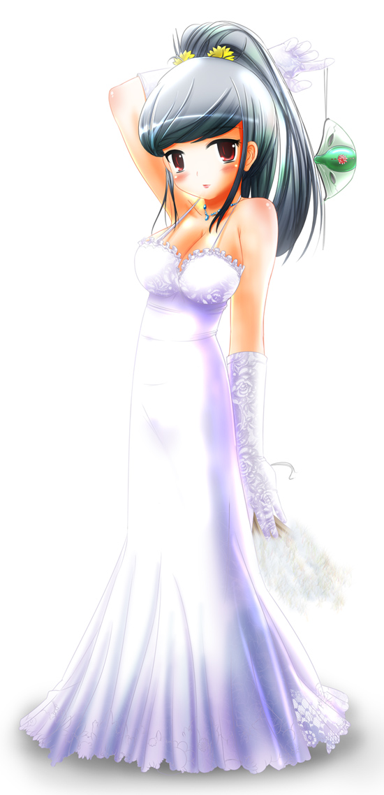 mar (artist), marneko, 1girl, bare shoulders, breasts, bride, cleavage, collarbone, dress, female focus, looking at viewer, simple background, solo, standing, veil, wedding dress, white background, white dress