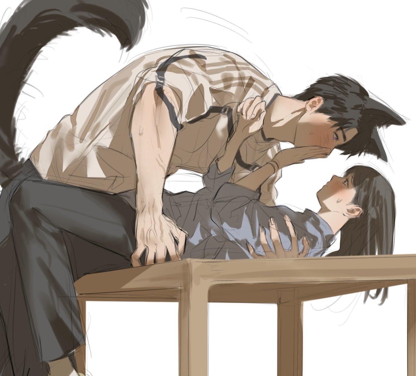 caleb (love and deepspace), protagonist (love and deepspace), love and deepspace, highres, 1boy, 1girl, black hair, black pants, blue shirt, blush, couple, covering another's mouth, dog boy, dog tail, from side, hand up, height difference, hetero, kemonomimi mode, long hair, lying, on back, on table, pants, purple eyes, shirt, short hair, simple background, table, tail, white background, white shirt, yulebung