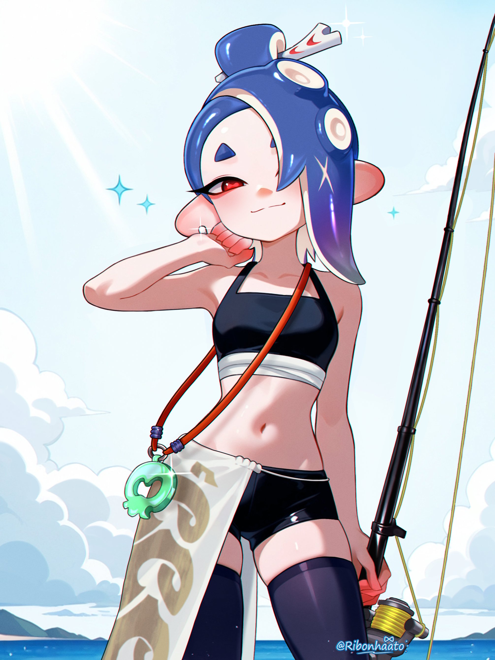 ribonhaato, shiver (splatoon), shiver (splatoon raiders), nintendo, splatoon (series), splatoon raiders, absurdres, commentary, english commentary, highres, 1girl, artist name, bare arms, bare shoulders, black shorts, black sports bra, blue hair, blue thighhighs, breasts, cephalopod eyes, chest sarashi, clenched hand, closed mouth, colored extremities, earrings, fingernails, fishing rod, glint, groin, hair bun, hair ornament, hair over one eye, hair stick, hand up, holding, holding fishing rod, horizontal pupils, jewelry, looking at viewer, medium hair, midriff, navel, octoling, official alternate costume, official alternate hairstyle, one eye covered, red eyes, red pupils, sarashi, sharp fingernails, shorts, single hair bun, skindentation, small breasts, smile, solo, split mouth, sports bra, tentacle hair, thighhighs