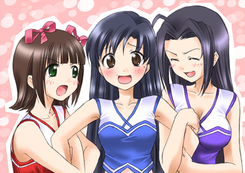 itsuki sayaka, amami haruka, kisaragi chihaya, miura azusa, idolmaster, idolmaster (classic), idolmaster 1, lowres, 00s, 3girls, :o, ^ ^, ahoge, blue dress, blue eyes, blunt bangs, breasts, brown eyes, brown hair, cheerleader, cleavage, closed eyes, collarbone, dress, green eyes, hug, looking at viewer, multiple girls, open mouth, purple dress, red dress, short hair, sleeveless, sleeveless dress, upper body