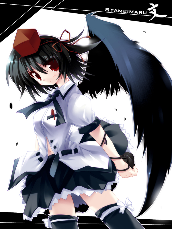 ai takurou, shameimaru aya, touhou, 1girl, black wings, female focus, hat, looking at viewer, solo, thighhighs, wings, zettai ryouiki