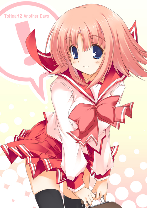 yoshiwo, kouno harumi (to heart), milfa (to heart), to heart (series), to heart 2, !, 00s, 1girl, black thighhighs, copyright name, female focus, leaning forward, looking at viewer, pink hair, school uniform, serafuku, short hair, smile, solo, speech bubble, thighhighs, zettai ryouiki