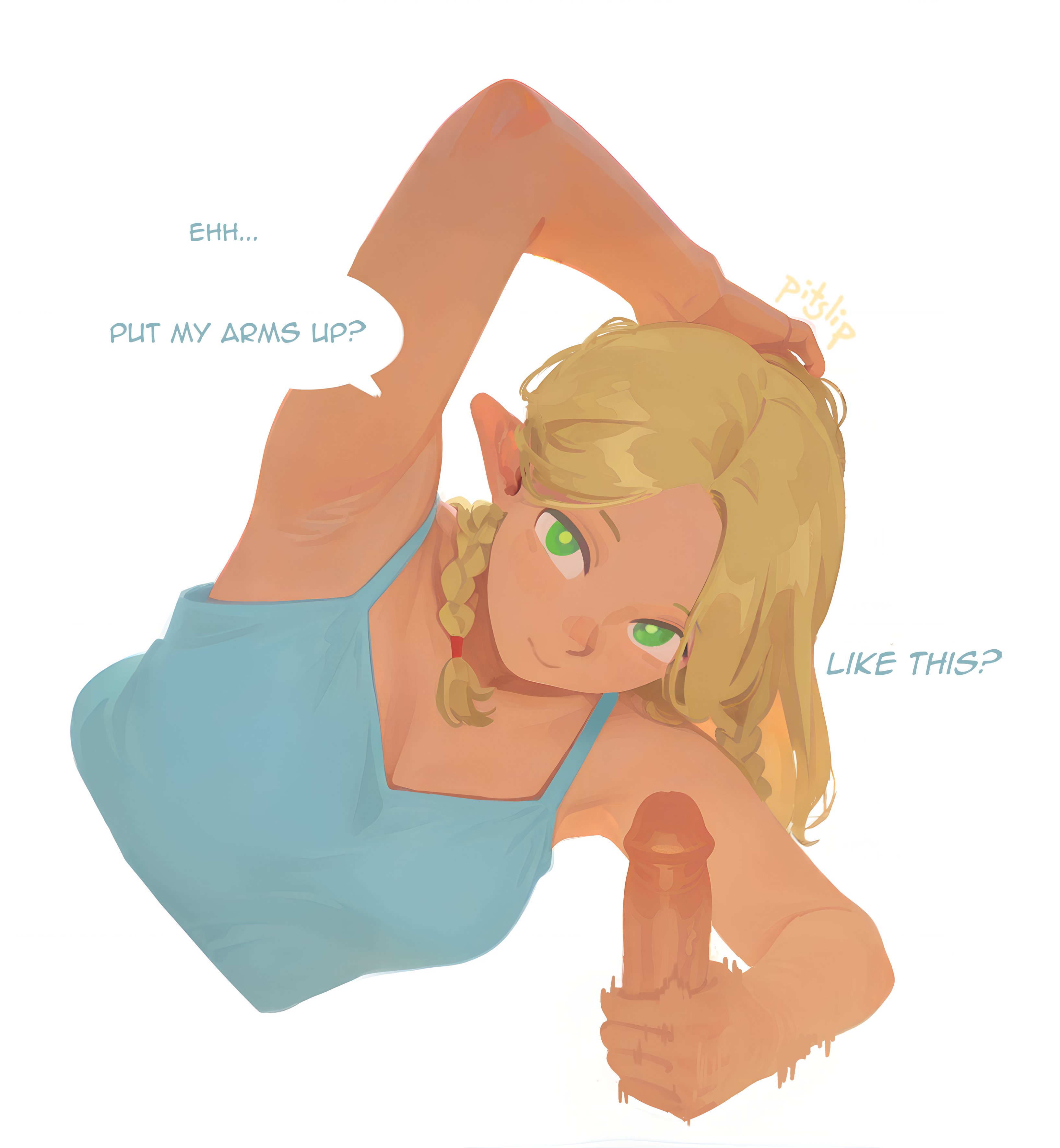pitslip, marcille donato, dungeon meshi, absurdres, ai-assisted, highres, 1boy, 1girl, arm up, armpit crease, armpits, artist name, blonde hair, blue camisole, braid, camisole, closed mouth, elf, english text, erection, green eyes, hand on own head, handjob, hetero, looking at viewer, motion lines, multiple braids, penis, pointy ears, pov, pov crotch, smile, speech bubble, talking, uncensored