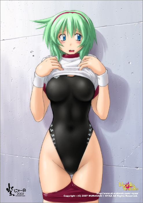 nyanko batake, original, 1girl, black one-piece swimsuit, breasts, buruma, buruma pull, clothes lift, clothes pull, competition swimsuit, cowboy shot, dated, embarrassed, female focus, green hair, gym uniform, hairband, headband, highleg, highleg one-piece swimsuit, one-piece swimsuit, shirt lift, solo, swimsuit, watermark, web address