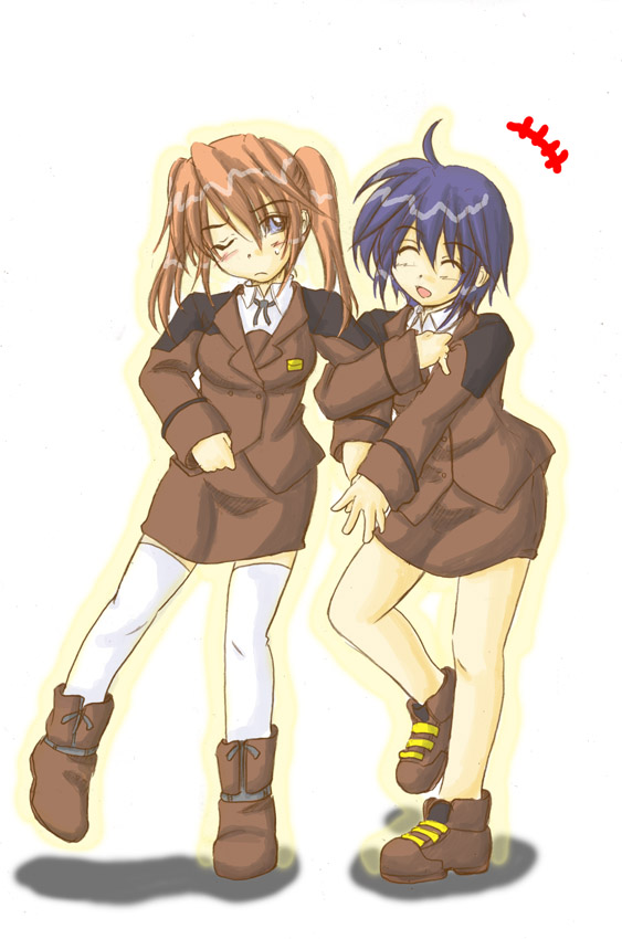 zero point, subaru nakajima, teana lanster, lyrical nanoha, mahou shoujo lyrical nanoha, mahou shoujo lyrical nanoha strikers, 00s, 2girls, military, military uniform, multiple girls, one eye closed, thighhighs, twintails