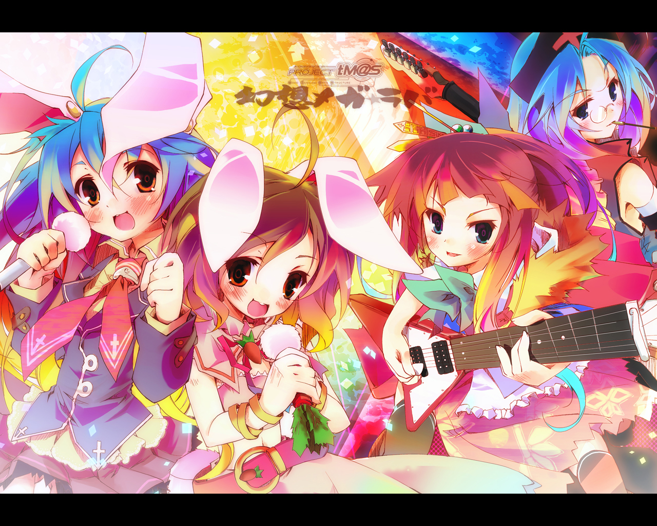kamiya yuu, houraisan kaguya, inaba tewi, reisen udongein inaba, yagokoro eirin, touhou, 4girls, animal ears, female focus, guitar, instrument, letterboxed, microphone, multiple girls, rabbit ears, upper body