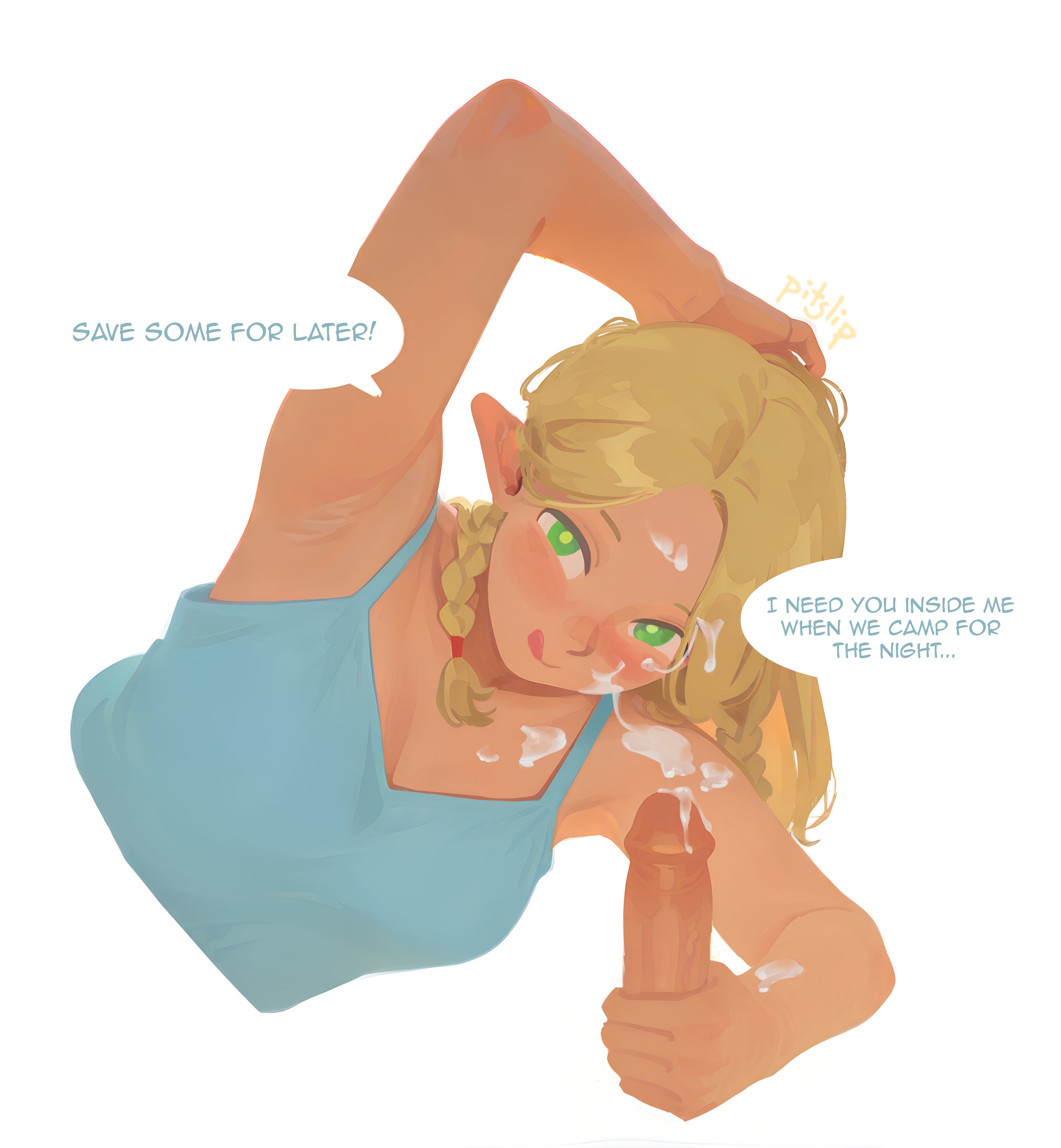 pitslip, marcille donato, dungeon meshi, absurdres, ai-assisted, highres, 1boy, 1girl, after handjob, arm up, armpit crease, armpits, artist name, blonde hair, blue camisole, braid, camisole, closed mouth, cum, cum on body, cum on hair, elf, english text, erection, facial, green eyes, hand on own head, hetero, licking lips, looking at viewer, multiple braids, penis, penis grab, pointy ears, pov, pov crotch, smile, speech bubble, talking, tongue, tongue out, uncensored