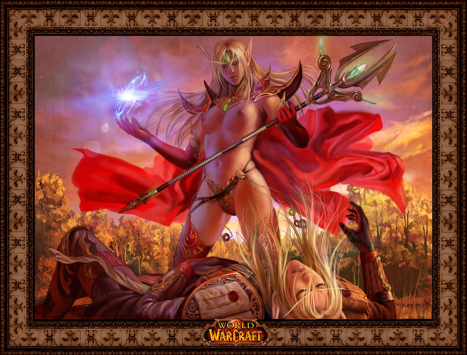 azazel1944, blood elf (warcraft), warcraft, world of warcraft, topless, highres, armor, bikini armor, blonde hair, boots, breasts, cape, elbow gloves, elf, gloves, green eyes, magic, panties, pointy ears, staff, thigh boots, thighhighs, underwear