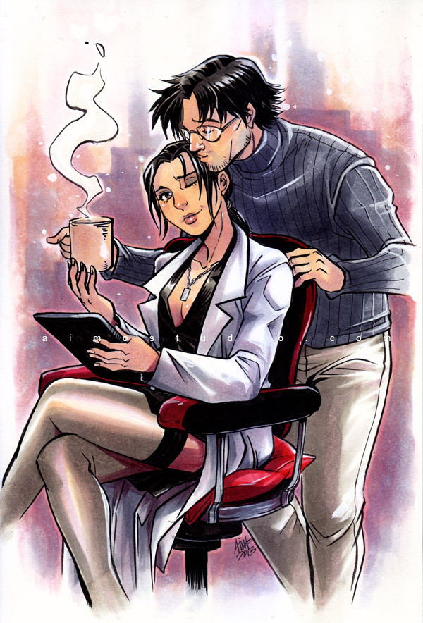 aimoahmed, hal emmerich, naomi hunter, metal gear (series), metal gear solid 4: guns of the patriots, red pillow, commission, 1boy, 1girl, abstract background, black hair, black shirt, black skirt, blue sweater, breasts, brown eyes, chair, cleavage, closed eyes, coat, coffee mug, collarbone, collared coat, collared shirt, colorful background, couple, crossed legs, cup, eyeshadow, facial hair, facing another, glasses, grey eyeshadow, grey thighhighs, hand on chair, head tilt, holding, holding cup, holding tablet pc, jewelry, kiss, kissing head, lab coat, legs, long coat, long hair, looking at another, low ponytail, makeup, mature female, mature male, medium breasts, messy hair, miniskirt, mug, necklace, on chair, one eye closed, pants, pillow, pink lips, ponytail, purple background, shirt, short hair, side slit, sidelocks, signature, sitting, skirt, smile, steam, sweater, tablet pc, thighhighs, thighs, turtleneck, turtleneck sweater, white background, white coat, white pants, zettai ryouiki