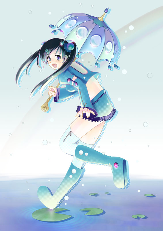 yurikuta tsukumi, tagme, 1girl, boots, female focus, solo, twintails, umbrella