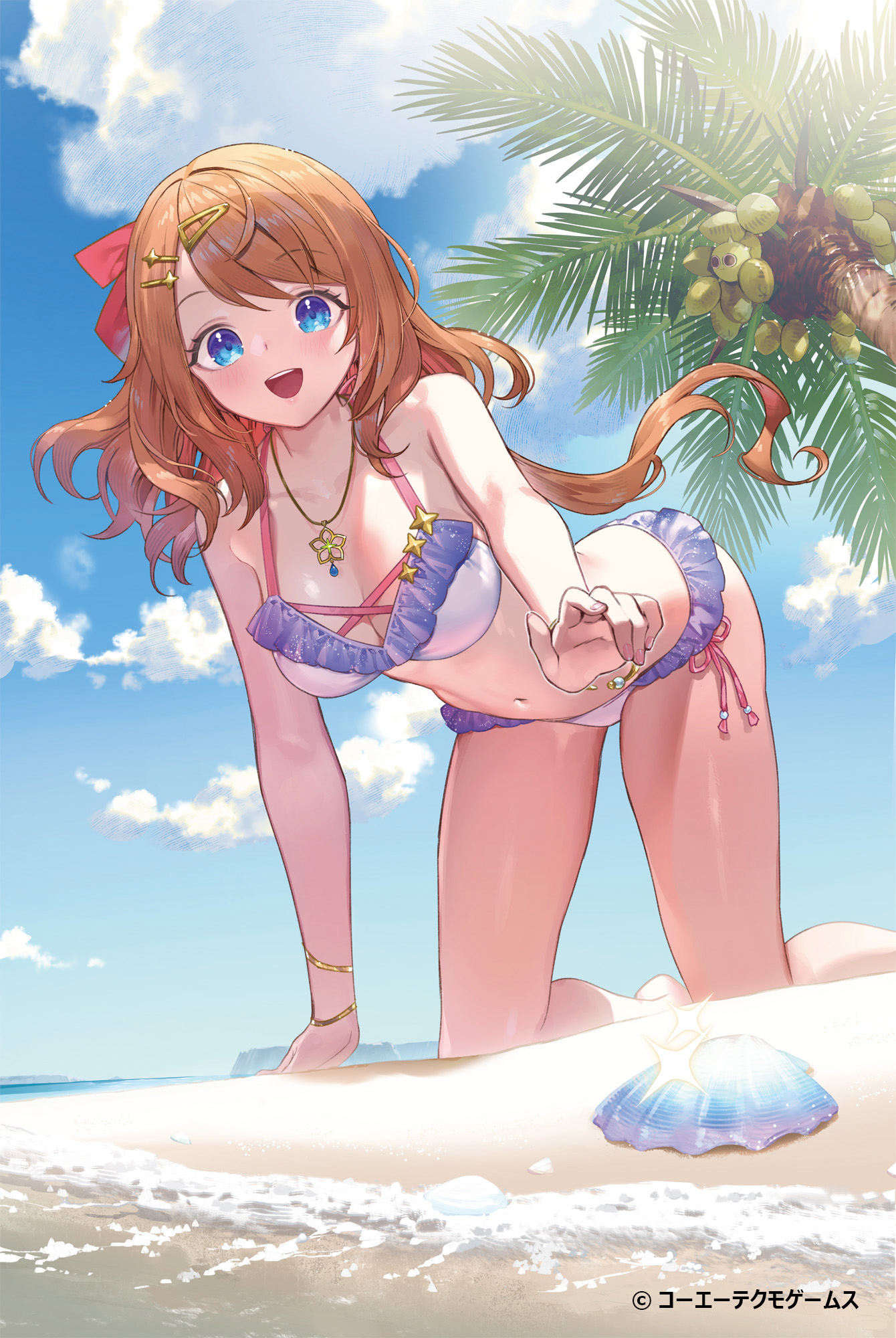 umiu geso, resna sternenlicht, atelier (series), atelier resleriana, commentary request, highres, official art, second-party source, 1girl, all fours, beach, bikini, blue eyes, blue sky, bracelet, breasts, clam, cleavage, coconut tree, day, frilled bikini, frills, hair ornament, hair ribbon, hairclip, jewelry, long hair, looking at viewer, medium breasts, multiple bracelets, navel, necklace, open mouth, orange hair, outdoors, palm tree, purple trim, red ribbon, ribbon, side-tie bikini bottom, sky, smile, solo, swimsuit, tree, water, white bikini