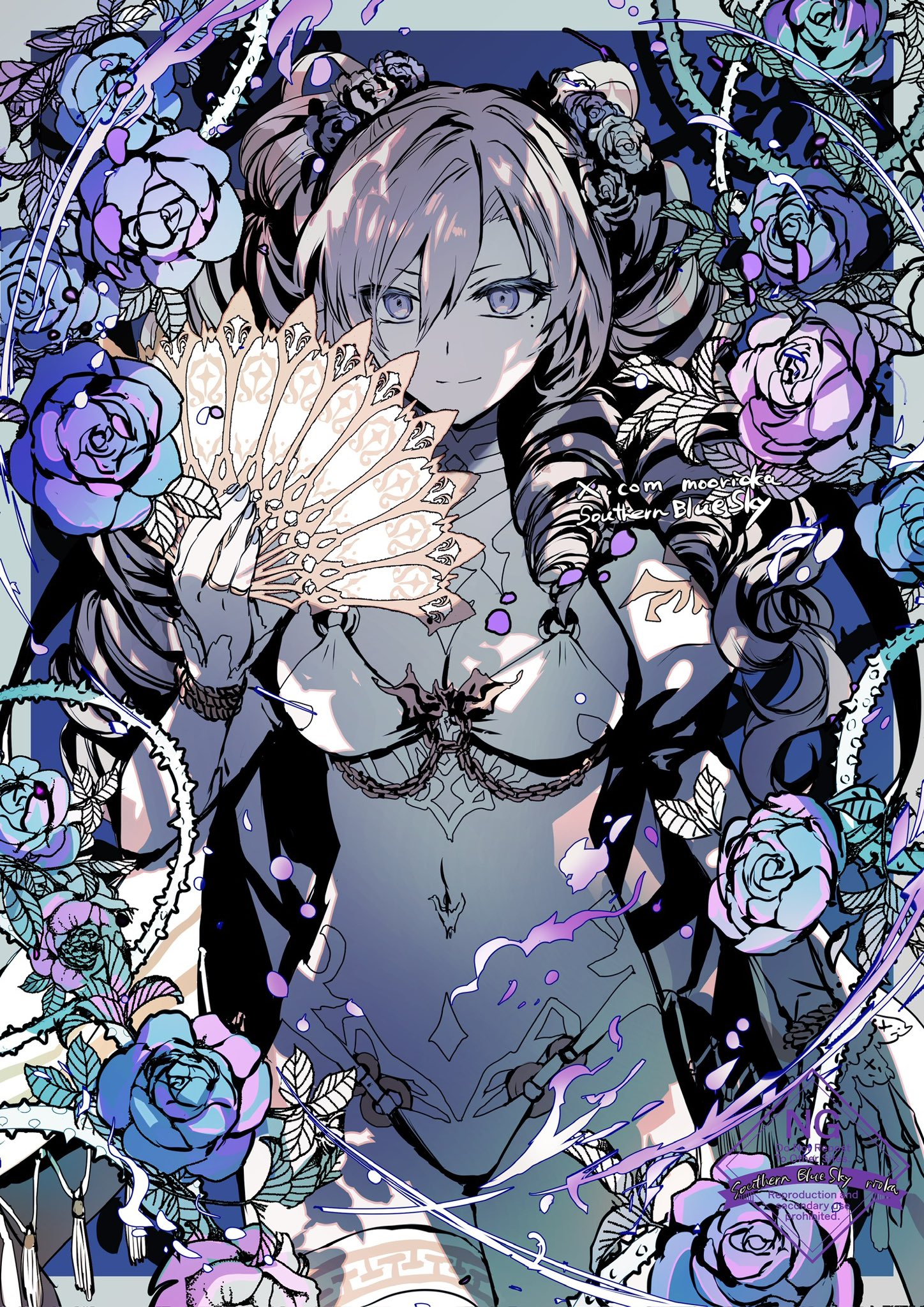 rioka (southern blue sky), kriemhild (fate), fate/grand order, fate (series), highres, 1girl, breasts, cleavage, flower, folding fan, gold trim, grey eyes, hair flower, hair ornament, hand fan, highleg, highleg leotard, juliet sleeves, kriemhild (swimsuit rider) (fate), kriemhild (swimsuit rider) (third ascension) (fate), large breasts, leotard, long hair, long sleeves, looking at viewer, puffy sleeves, rose, single thighhigh, smile, solo, thighhighs, thighs, twintails, white hair, white leotard, white thighhighs