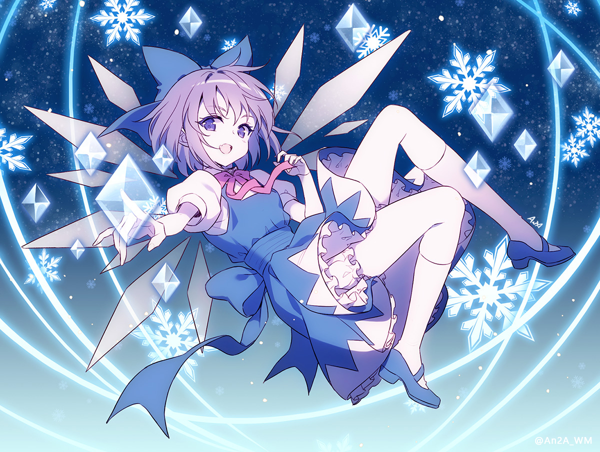 an2a, cirno, touhou, 1girl, artist name, blue bow, blue dress, blue shoes, blue theme, bow, bowtie, crystal wings, dress, frilled dress, frills, from side, full body, hair bow, looking at viewer, open mouth, pointing, pointing at viewer, red bow, red bowtie, shoes, short hair, snowflakes, solo, wings