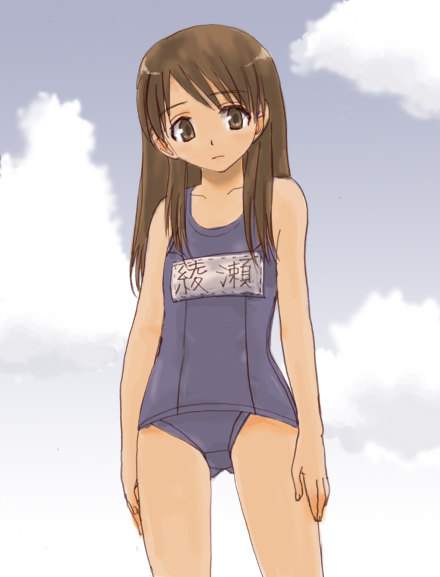 yuutarou, ayase ena, yotsubato!, 1girl, brown hair, child, female focus, name tag, one-piece swimsuit, school swimsuit, solo, swimsuit