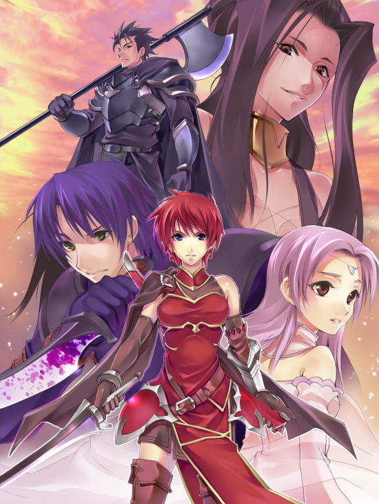 azu, 2boys, 3girls, axe, bare shoulders, black hair, cowboy shot, fantasy, glasses, halberd, holding, holding weapon, loincloth, long hair, looking at viewer, multiple boys, multiple girls, pink hair, polearm, purple hair, red-framed eyewear, sidelocks, spear, standing, tattoo, upper body, very long hair, weapon