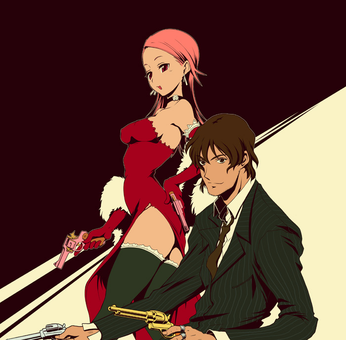 minaduki tooru, minazuki tooru, original, black neckwear, 1boy, 1girl, :d, bare shoulders, breasts, brown eyes, brown hair, brown necktie, choker, collarbone, collared shirt, dress, dual wielding, earrings, elbow gloves, facial hair, flat color, formal clothes, gloves, green jacket, green thighhighs, gun, hand on own hip, handgun, holding, holding gun, holding weapon, jacket, jewelry, long hair, long sleeves, looking at viewer, looking to the side, loose necktie, medium breasts, necktie, open mouth, outstretched arm, pink eyes, pink hair, red dress, red gloves, revolver, ring, shirt, side slit, smile, standing, straight hair, strapless, strapless dress, stubble, thighhighs, unbuttoned, unbuttoned shirt, weapon, white shirt, zettai ryouiki