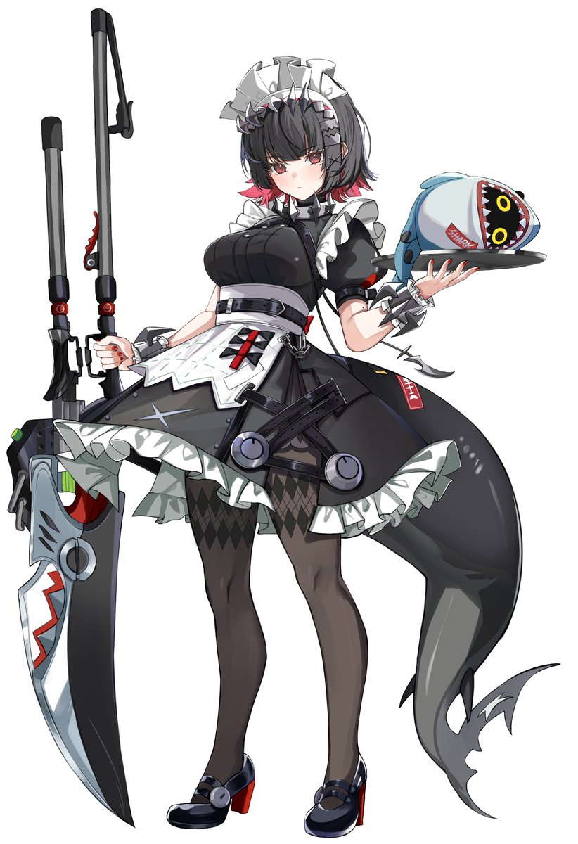 nemun (tamizzz), bangboo (zenless zone zero), ellen joe, sharkboo (zenless zone zero), zenless zone zero, highres, 1girl, 1other, black pantyhose, black shoes, closed mouth, colored inner hair, fins, fish tail, frilled wristband, hairband, holding, holding weapon, looking at viewer, maid, maid headdress, metal hairband, mole, mole on arm, mole under eye, multicolored hair, pantyhose, plate, razor blade hair ornament, red eyes, red nails, scar, scar on tail, shark girl, shark tail, shoes, spiked headband, tail, weapon, white background