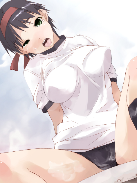 aka ume, original, 1girl, :o, black hair, black socks, blush, breasts, buruma, female focus, green eyes, gym uniform, hairband, kneehighs, large breasts, looking at viewer, open mouth, shirt, short hair, short sleeves, simple background, socks, solo, spread legs, sweatdrop, teardrop, teeth, white shirt