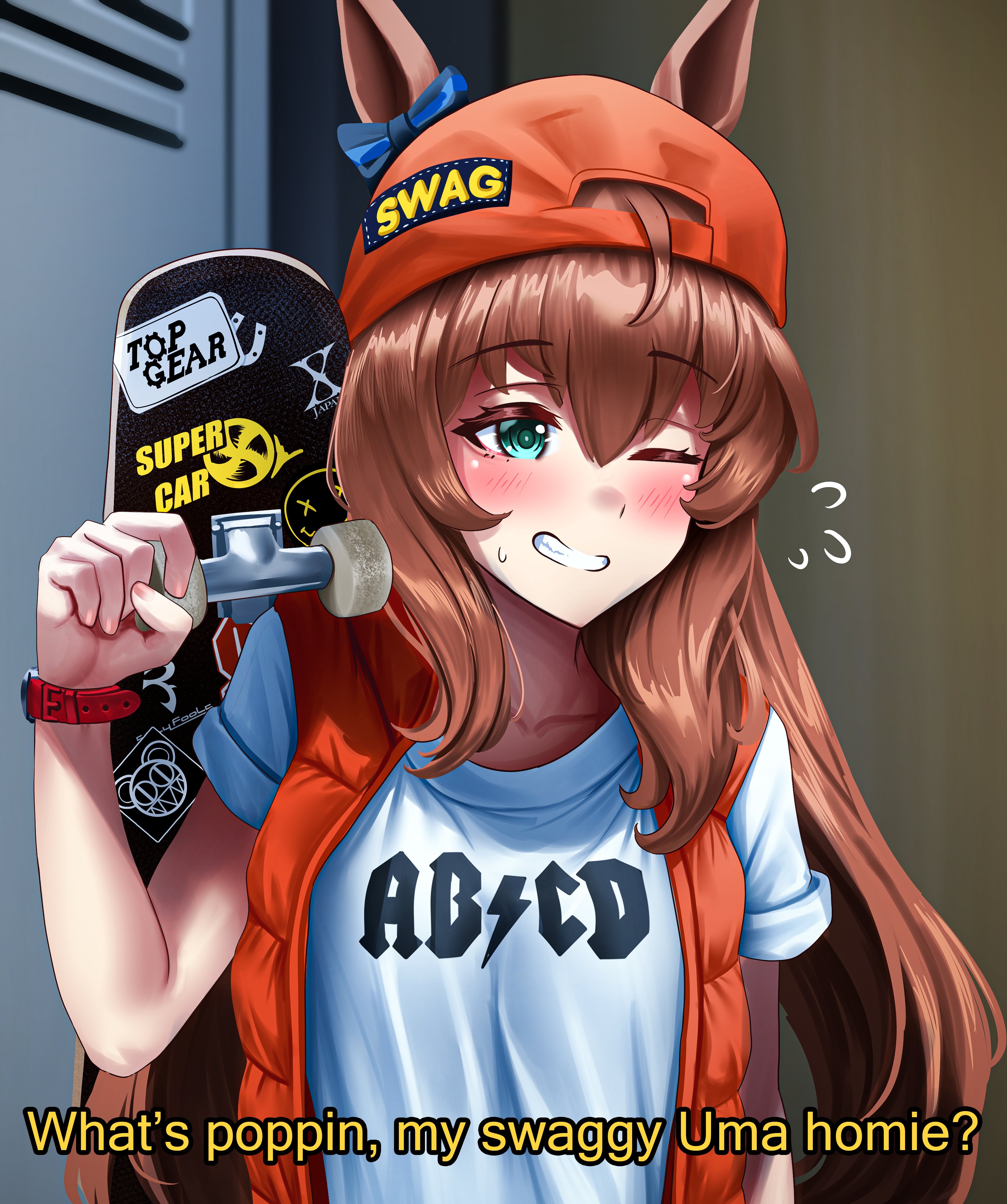 manjo (warito), maruzensky (umamusume), 30 rock, ac/dc, nirvana (band), top gear, umamusume, x japan, absurdres, commentary, english commentary, highres, 1girl, alternate costume, animal ears, backwards hat, band shirt, blue bow, blush, bow, brand name imitation, brown hair, ear bow, ears through headwear, english text, green eyes, hat, holding, holding skateboard, horse ears, horse girl, how do you do fellow kids (meme), long hair, meme, merchandise, one eye closed, red vest, skateboard, solo, source quote parody, subtitled, swag, upper body, vest, watch, wristwatch