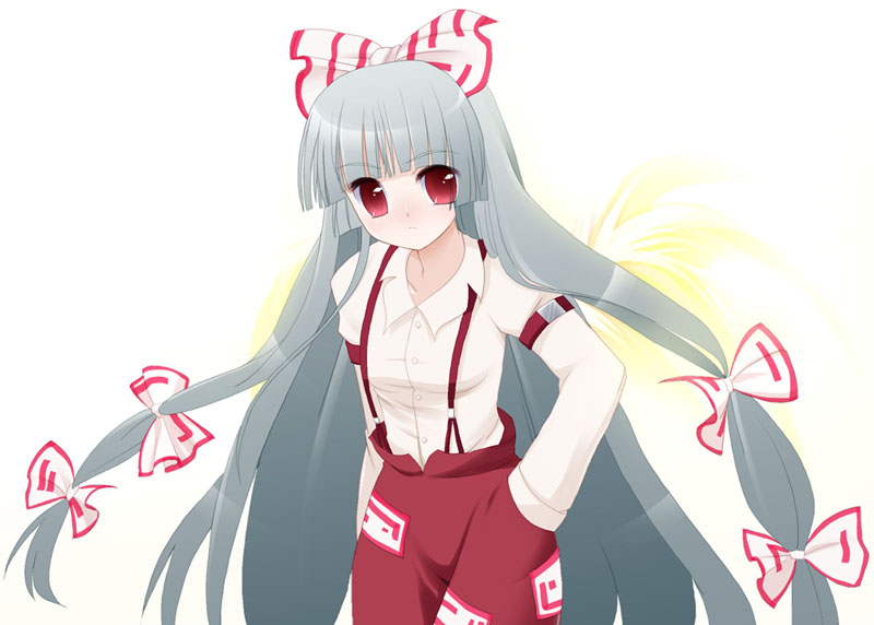 maroppe, fujiwara no mokou, touhou, 1girl, blunt bangs, bow, female focus, hair bow, long hair, multiple hair bows, solo, standing, suspenders, very long hair, white background