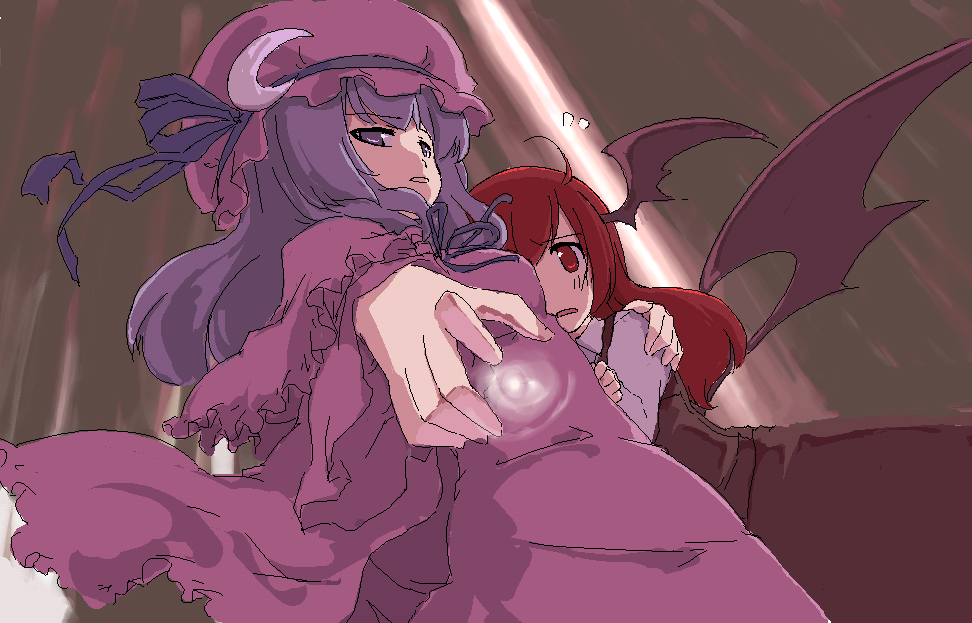 sakuraba yuuki, koakuma, patchouli knowledge, embodiment of scarlet devil, touhou, 2girls, bat wings, crescent, female focus, hat, head wings, hug, multiple girls, necktie, oekaki, purple eyes, purple hair, red eyes, red hair, scared, sketch, vest, wings