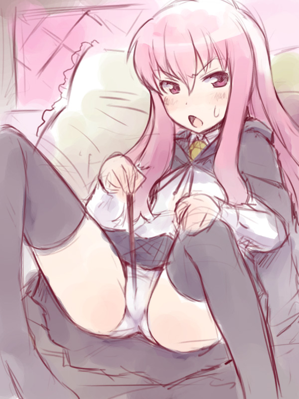 ha-ru, louise francoise le blanc de la valliere, zero no tsukaima, 00s, panties, pantyshot, pink hair, sketch, solo, thighhighs, underwear