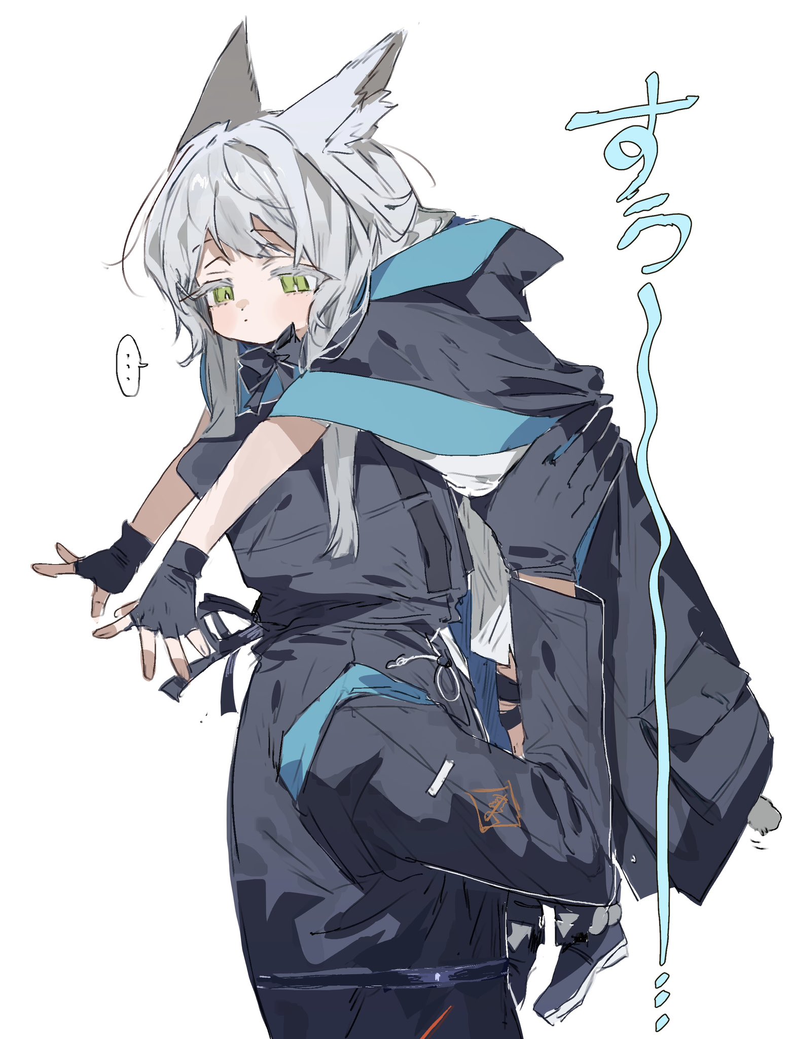 na tarapisu153, doctor (arknights), rosmontis (arknights), arknights, commentary request, highres, …, 1girl, 1other, ambiguous gender, animal ears, carrying, cat ears, cat girl, cat tail, gloves, green eyes, grey hair, hood, long hair, tail, white background