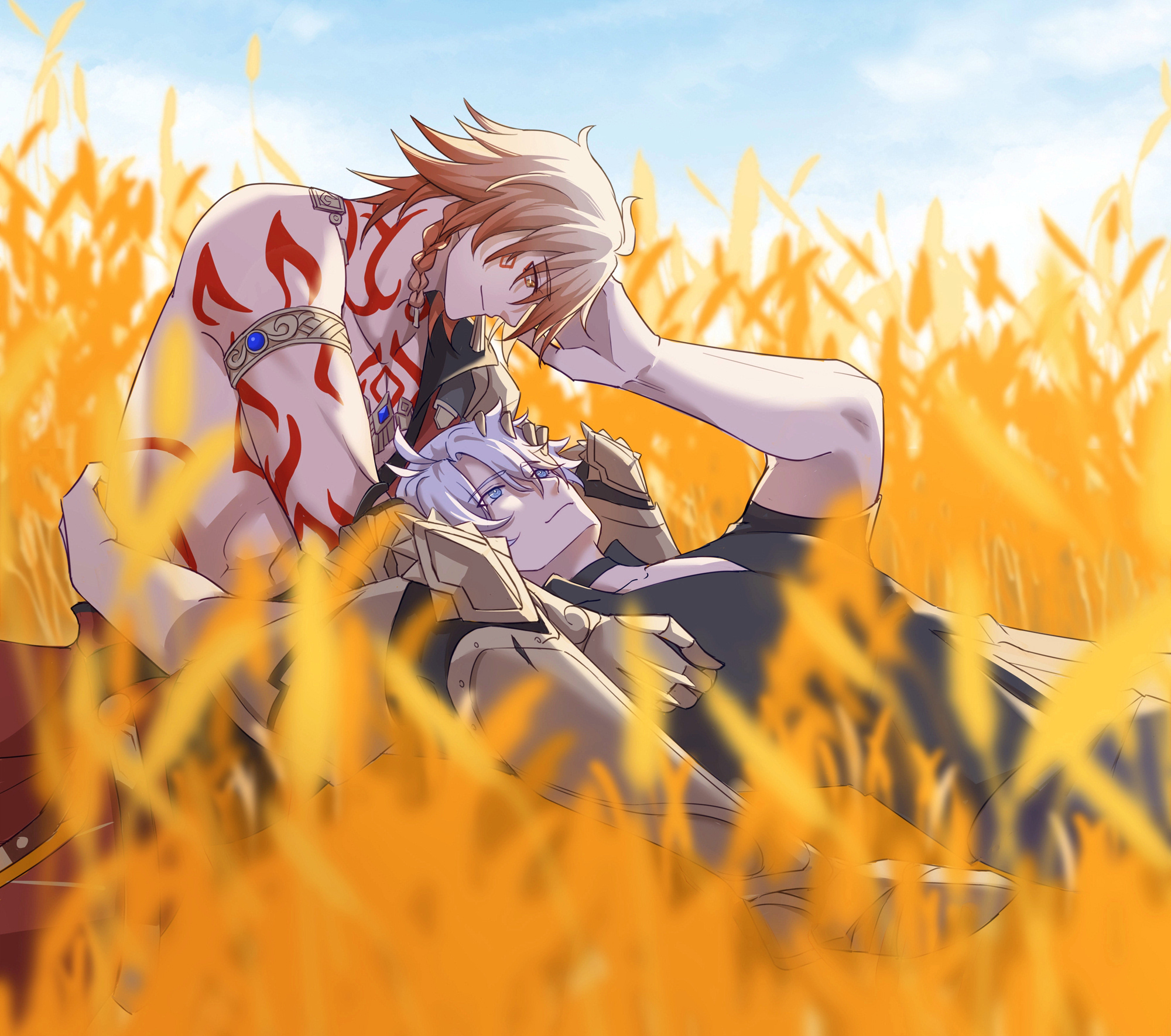 mydei (honkai: star rail), phainon (honkai: star rail), honkai: star rail, honkai (series), commentary, highres, 2boys, antenna hair, arm tattoo, armlet, black coat, black shirt, blonde hair, blue eyes, blue sky, braid, chest tattoo, clawed gauntlets, coat, facial tattoo, gold necklace, gradient hair, hand on another's head, jewelry, male focus, maxxxiejr, medium hair, multicolored hair, multiple boys, necklace, open clothes, open coat, parted bangs, red hair, shirt, short hair, short sleeves, side braid, sky, tattoo, wheat field, white hair, yaoi, yellow eyes