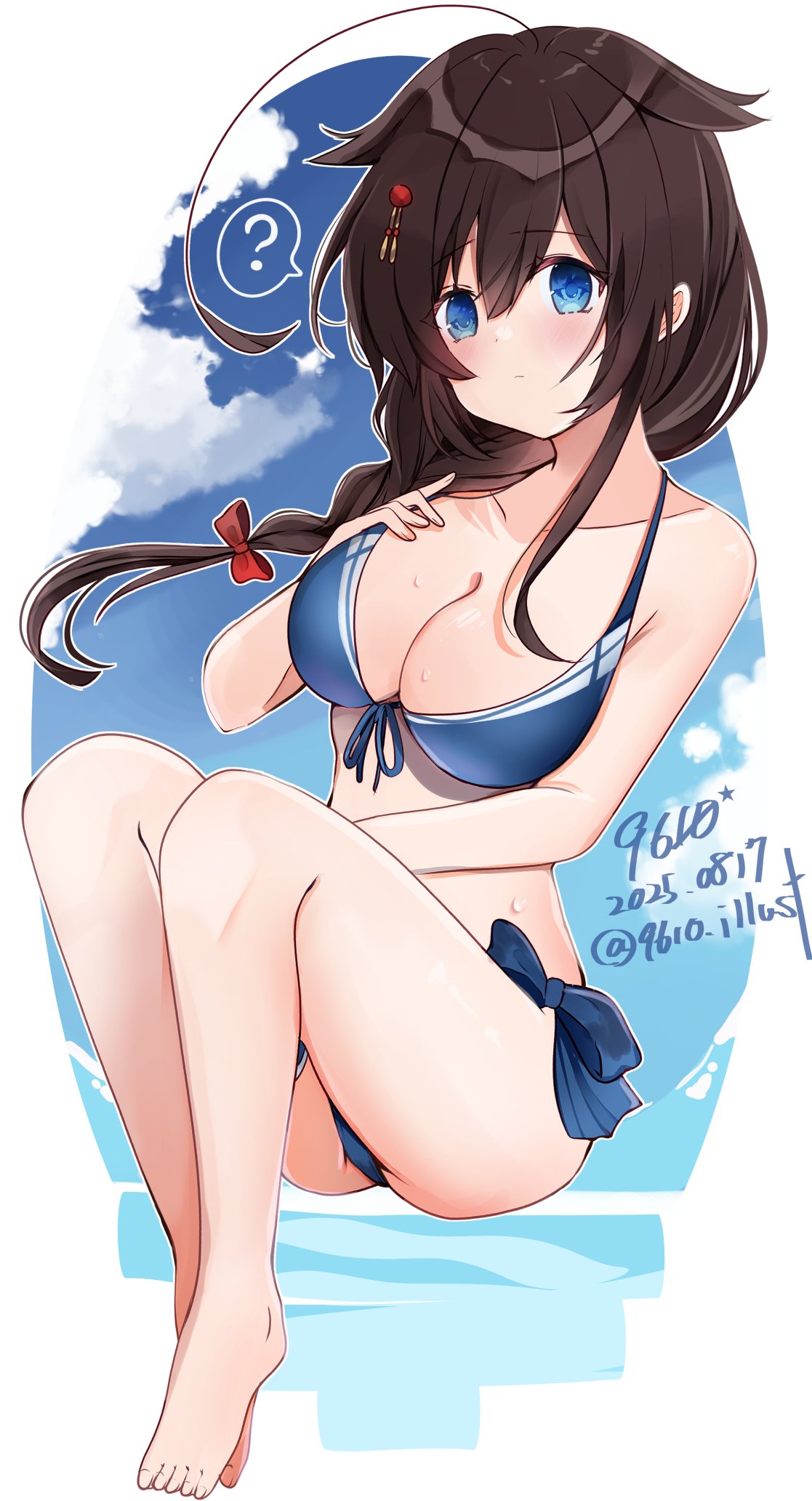 9610 (kuroto), shigure (kancolle), shigure kai san (kancolle), shigure kai san (swimsuit) (kancolle), kantai collection, commentary request, highres, 1girl, ?, artist name, barefoot, bikini, black hair, blue bikini, blue eyes, blue sky, braid, breasts, cleavage, cloud, dated, front-tie bikini top, front-tie top, hair between eyes, hair flaps, hair over shoulder, large breasts, long hair, official alternate costume, side-tie bikini bottom, single braid, sky, solo, spoken question mark, swimsuit, twitter username