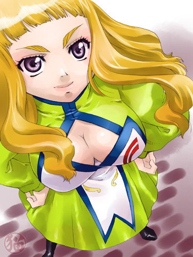 karamiti, haruka armitage, my-otome, lowres, 00s, 1girl, blonde hair, breasts, cleavage, cleavage cutout, clothing cutout, female focus, large breasts, solo