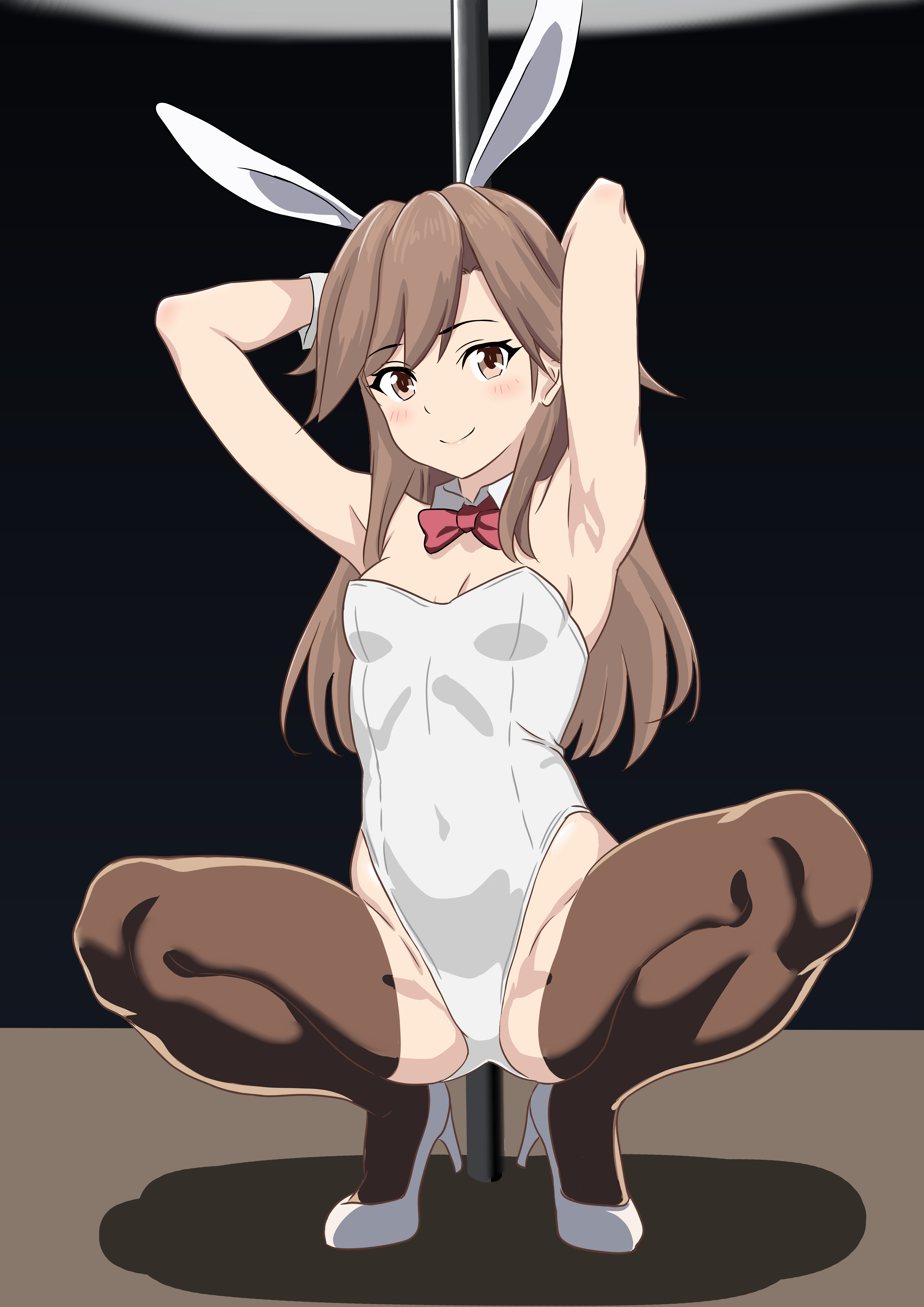 bone namu (namu49850), arashio (kancolle), kantai collection, absurdres, highres, 1girl, alternate costume, animal ear hairband, animal ears, armpits, black background, black thighhighs, bow, bowtie, breasts, brown eyes, brown hair, detached collar, fake animal ears, hairband, high heels, leotard, long hair, playboy bunny, pole, rabbit ears, red bow, red bowtie, shoes, small breasts, solo, squatting, strapless, strapless leotard, stripper pole, thighhighs, white leotard, white shoes, wrist cuffs