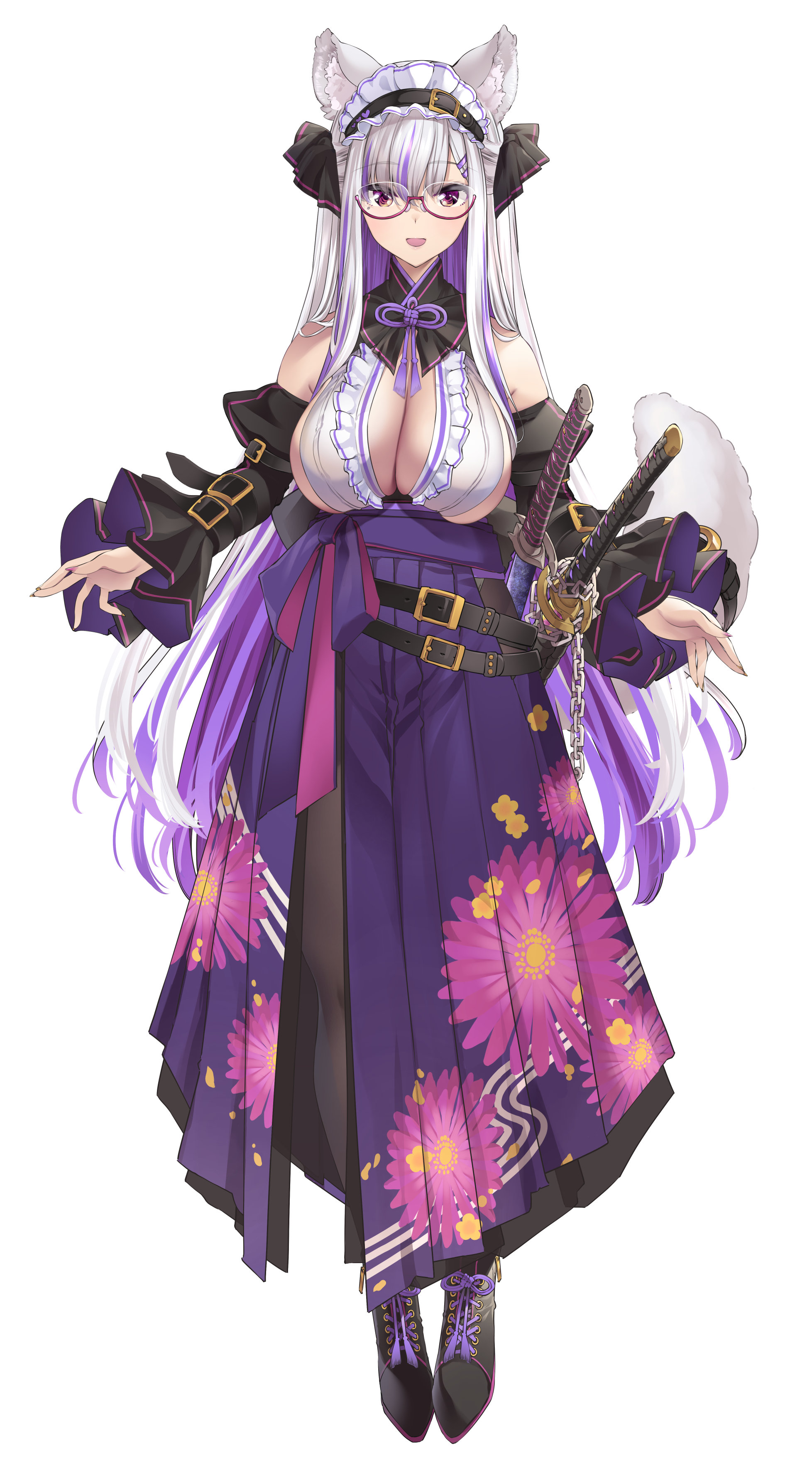 thomasz, miyako miyuri, indie virtual youtuber, absurdres, highres, 1girl, animal ear fluff, animal ears, bare shoulders, belt, belt buckle, black belt, black boots, black ribbon, boots, breasts, buckle, center opening, chain, cleavage, colored inner hair, detached sleeves, floral print hakama, frills, glasses, grey hair, hair ribbon, hakama, hakama skirt, holding, holding sword, holding weapon, japanese clothes, katana, kouya no naga samurai, large breasts, long hair, long skirt, long sleeves, looking at viewer, maid headdress, miyako miyuri (2nd costume), mole, mole under eye, multicolored hair, open mouth, puffy detached sleeves, puffy sleeves, purple hair, red-framed eyewear, red eyes, revealing clothes, ribbon, sagging breasts, sash, saya (scabbard), scabbard, sheath, side slit, skirt, sleeveless, smile, streaked hair, sword, tachi-e, tail, tsuba (guard), very long hair, virtual youtuber, wakizashi, weapon, white background, white hair, wolf ears, wolf girl, wolf tail