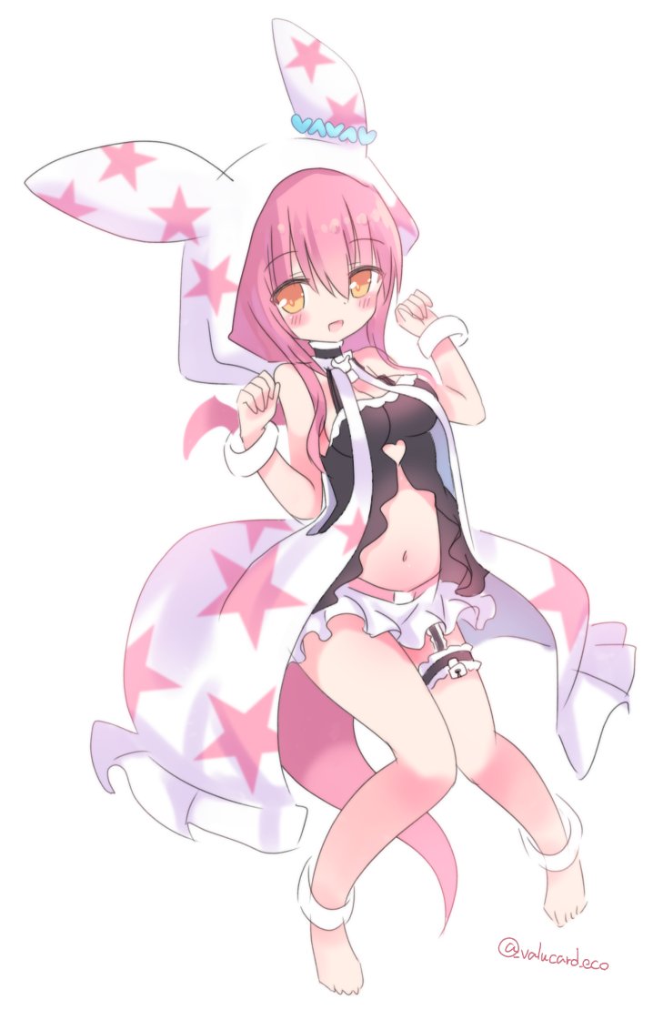 mitama nanai, emil chronicle online, 1girl, animal ear headwear, babydoll, black babydoll, breasts, cleavage, clothing cutout, fake animal ears, jacket, large breasts, navel, open mouth, orange eyes, pink hair, skirt, solo, star (symbol), star print, stomach cutout, thigh strap, twitter username, valucard eco, white background, white jacket, white skirt, white wrist cuffs, wrist cuffs