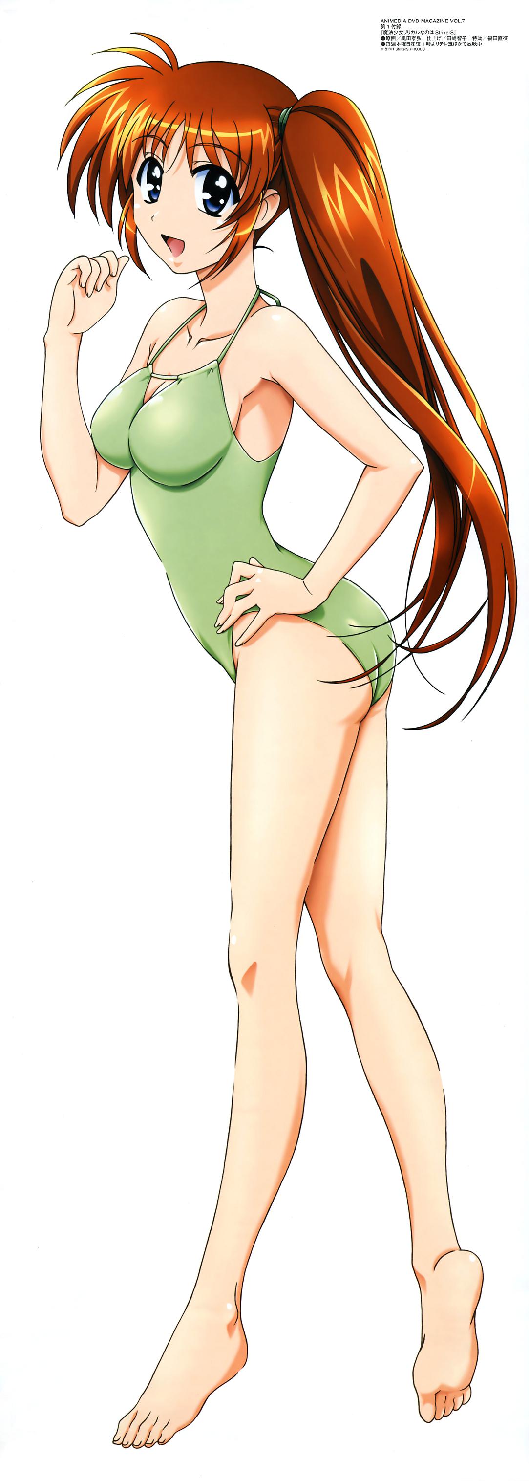 okuda yasuhiro, takamachi nanoha, lyrical nanoha, mahou shoujo lyrical nanoha, mahou shoujo lyrical nanoha strikers, absurdres, highres, long image, official art, scan, tall image, 00s, 1girl, :d, armpits, ass, barefoot, blue eyes, breasts, brown hair, casual one-piece swimsuit, cleavage, cleavage cutout, clothing cutout, feet, female focus, fingernails, from side, full body, green one-piece swimsuit, hand on own hip, kneepits, legs, long fingernails, long hair, long legs, looking at viewer, medium breasts, one-piece swimsuit, open mouth, orange hair, purple eyes, red hair, scrunchie, side ponytail, simple background, smile, soles, solo, standing, stick poster, swimsuit, very long hair, white background