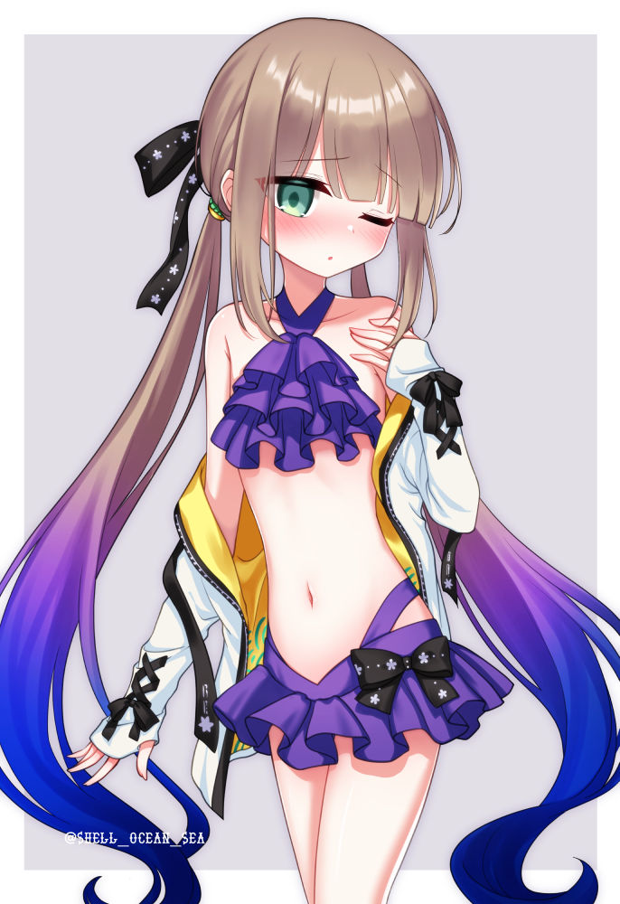 shell ocean, captain nemo (fate), miyu edelfelt, miyu edelfelt (swimsuit lancer) (second ascension), nemo (fate), fate/grand order, fate (series), 1boy, alternate costume, bare shoulders, bikini, blue hair, blush, brown hair, cosplay, crossdressing, crossdressing (mtf), frilled bikini, frills, gradient hair, green eyes, jacket, long hair, long sleeves, looking at viewer, low twintails, miyu edelfelt (cosplay), multicolored hair, navel, off shoulder, one eye closed, purple bikini, solo, swimsuit, thighs, twintails, two-tone hair, white jacket