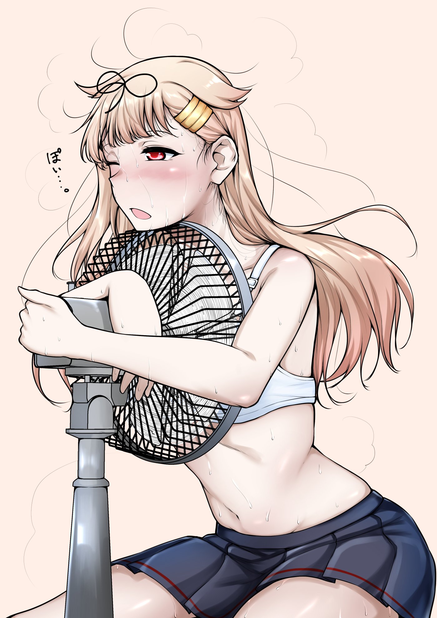 rikkii (likito yuzu is), yuudachi (kancolle), yuudachi kai ni (kancolle), kantai collection, commentary request, highres, 1girl, black skirt, blonde hair, bra, electric fan, gradient hair, hair flaps, hair ornament, hairclip, hot, hug, long hair, multicolored hair, navel, one eye closed, pink background, pleated skirt, red eyes, sitting, skirt, solo, underwear, white bra