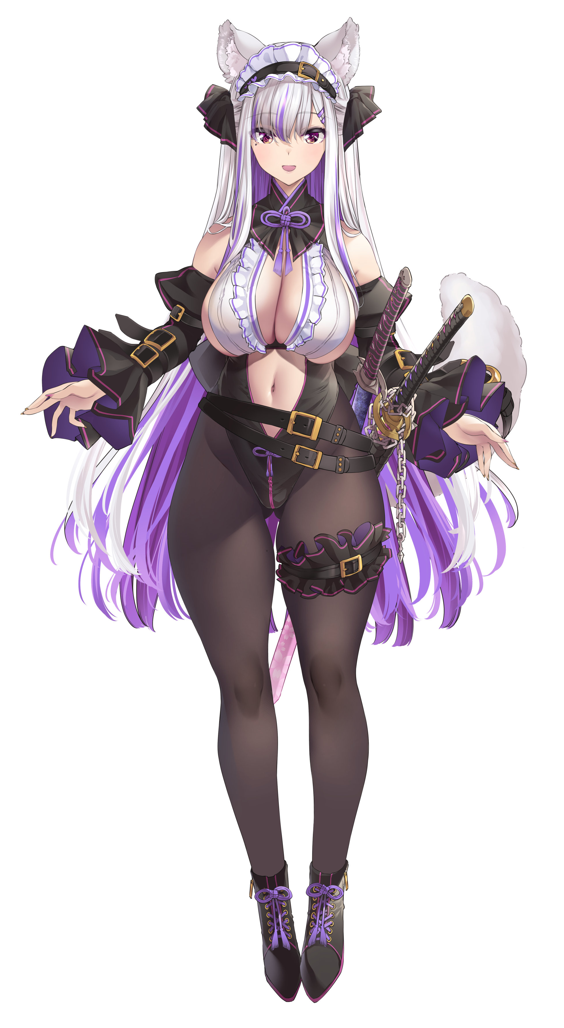 thomasz, miyako miyuri, absurdres, highres, 1girl, animal ear fluff, animal ears, bare shoulders, belt, belt buckle, black belt, black boots, black pantyhose, black ribbon, boots, breasts, buckle, center opening, chain, cleavage, clothing cutout, colored inner hair, detached sleeves, frilled thigh strap, frills, glasses, grey hair, hair ribbon, highleg, highleg leotard, holding, holding sword, holding weapon, japanese clothes, katana, kouya no naga samurai, large breasts, leotard, long hair, long skirt, long sleeves, looking at viewer, maid headdress, miyako miyuri (2nd costume), mole, mole under eye, multicolored hair, navel, navel cutout, open mouth, pantyhose, puffy detached sleeves, puffy sleeves, purple hair, red-framed eyewear, red eyes, revealing clothes, ribbon, sagging breasts, saya (scabbard), scabbard, sheath, skirt, sleeveless, smile, streaked hair, sword, tachi-e, tail, thigh strap, thighs, tsuba (guard), very long hair, virtual youtuber, wakizashi, weapon, white background, white hair, wolf ears, wolf girl, wolf tail