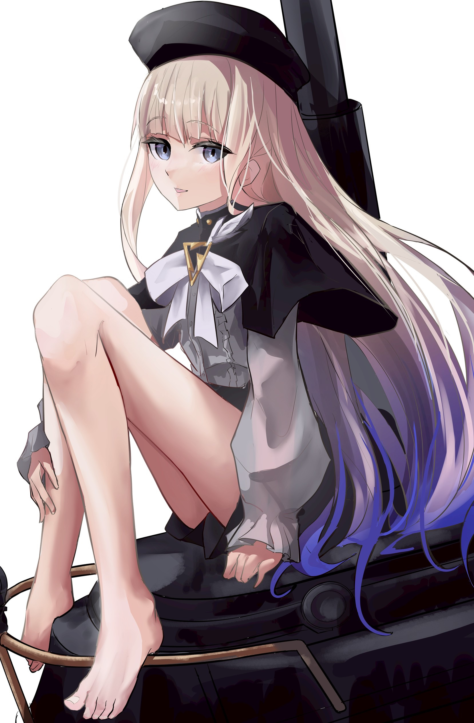 fate/grand order, fate (series), absurdres, highres, 1boy, aiguillette, barefoot, beret, black capelet, black hat, black shorts, blonde hair, blue hair, bow, bowtie, capelet, gradient hair, green eyes, grey shirt, hat, high-waist shorts, long hair, long sleeves, looking at viewer, multicolored hair, nemo (fate/grand order arcade), noah (second ascension) (fate/grand order), open mouth, shirt, shorts, sitting, solo, submarine, two-tone hair, very long hair, watercraft, zasyuu 11