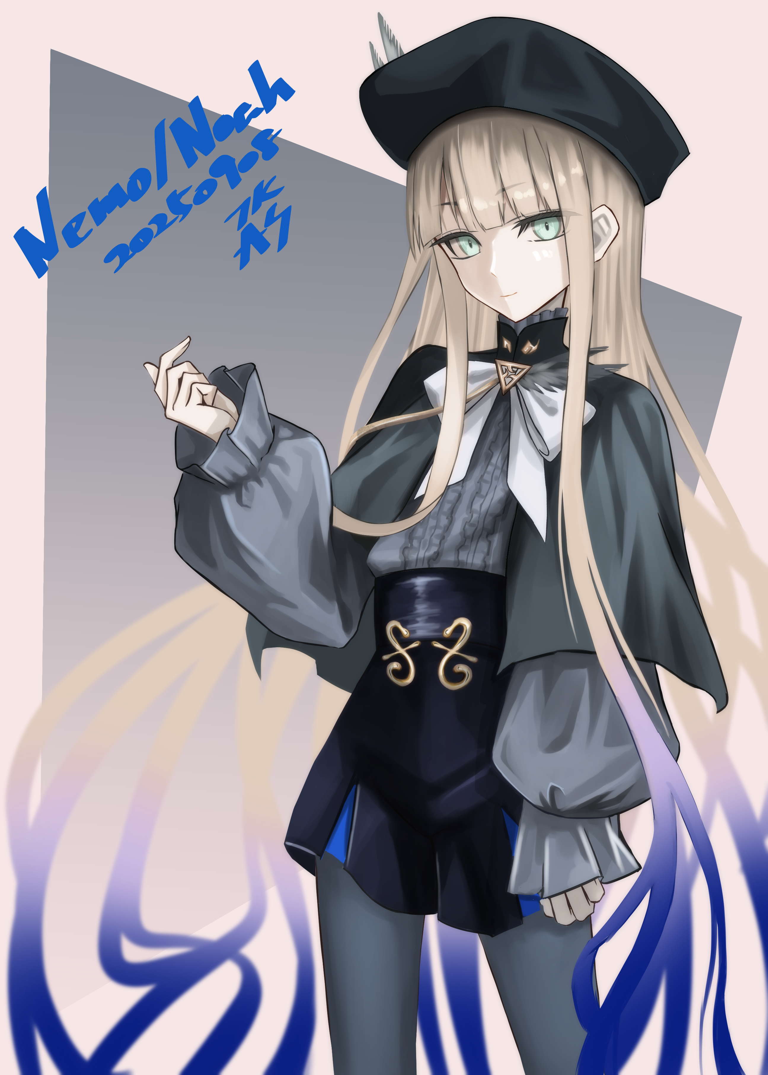 tsukaasa, fate/grand order, fate (series), absurdres, highres, 1boy, aiguillette, beret, black capelet, black hat, black shorts, blonde hair, blue hair, bow, bowtie, capelet, character name, gradient hair, green eyes, grey pantyhose, grey shirt, hat, hat feather, high-waist shorts, long hair, long sleeves, looking at viewer, multicolored hair, nemo (fate/grand order arcade), noah (second ascension) (fate/grand order), pantyhose, shirt, shorts, solo, thighs, two-tone hair, very long hair