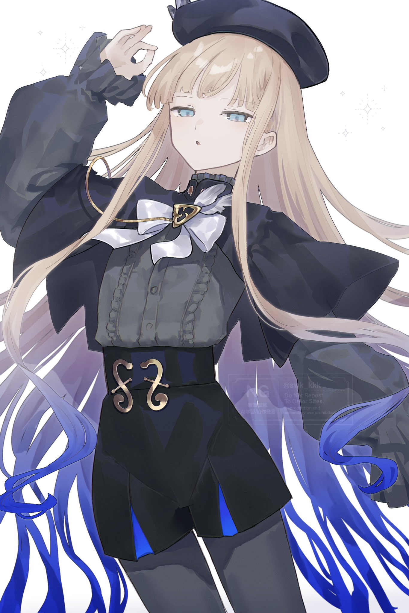 suwa (swk kkk), fate/grand order, fate (series), highres, 1boy, aiguillette, beret, black capelet, black hat, black shorts, blonde hair, blue hair, blush, bow, bowtie, capelet, gradient hair, green eyes, grey pantyhose, grey shirt, hat, hat feather, high-waist shorts, long hair, long sleeves, looking at viewer, multicolored hair, nemo (fate/grand order arcade), noah (second ascension) (fate/grand order), open mouth, pantyhose, shirt, shorts, solo, thighs, two-tone hair, very long hair