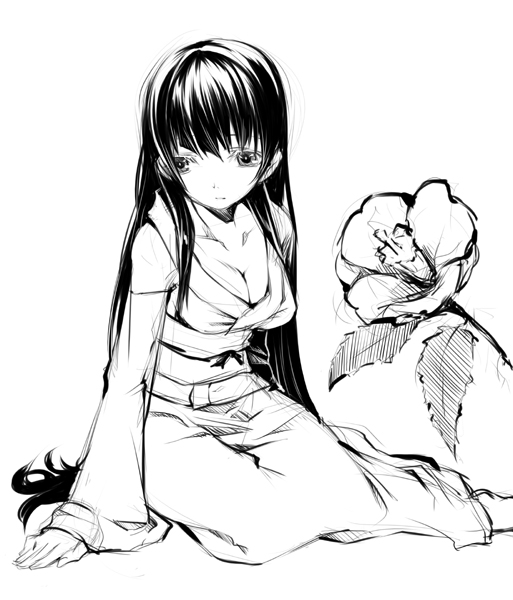 murata taichi, tagme, flower, greyscale, japanese clothes, kimono, monochrome, sketch, solo