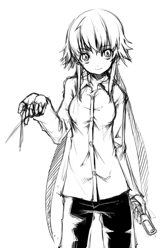 murata taichi, gasai yuno, mirai nikki, lowres, cellphone, greyscale, monochrome, phone, scissors, sketch, solo