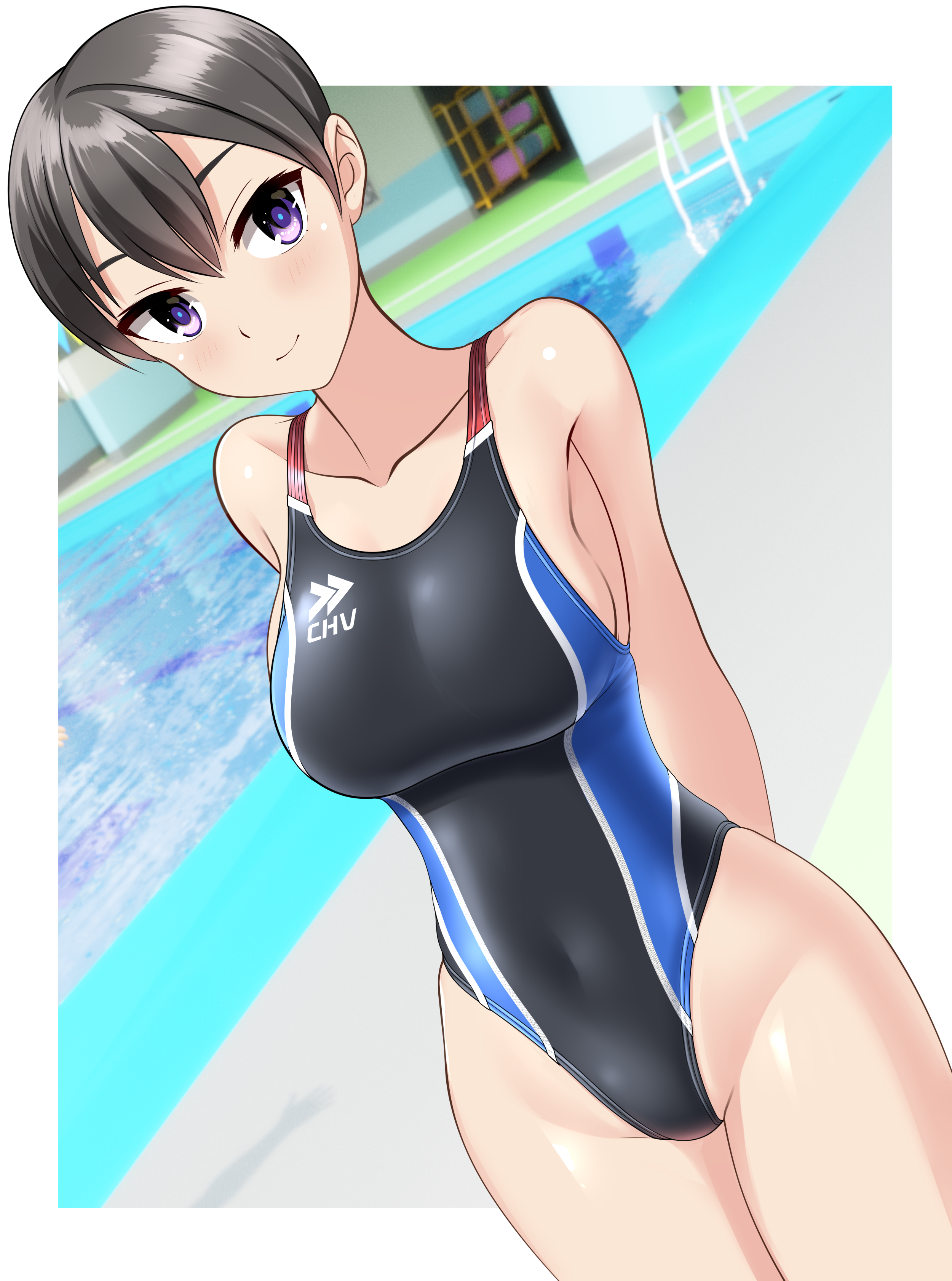 takafumi, original, absurdres, commentary request, highres, variant set, 1girl, black eyes, black hair, black one-piece swimsuit, breasts, competition swimsuit, covered navel, dutch angle, groin, highleg, highleg one-piece swimsuit, indoors, logo, looking at viewer, medium breasts, one-piece swimsuit, pool, pool ladder, short hair, solo, standing, swimsuit, tomboy, two-tone swimsuit