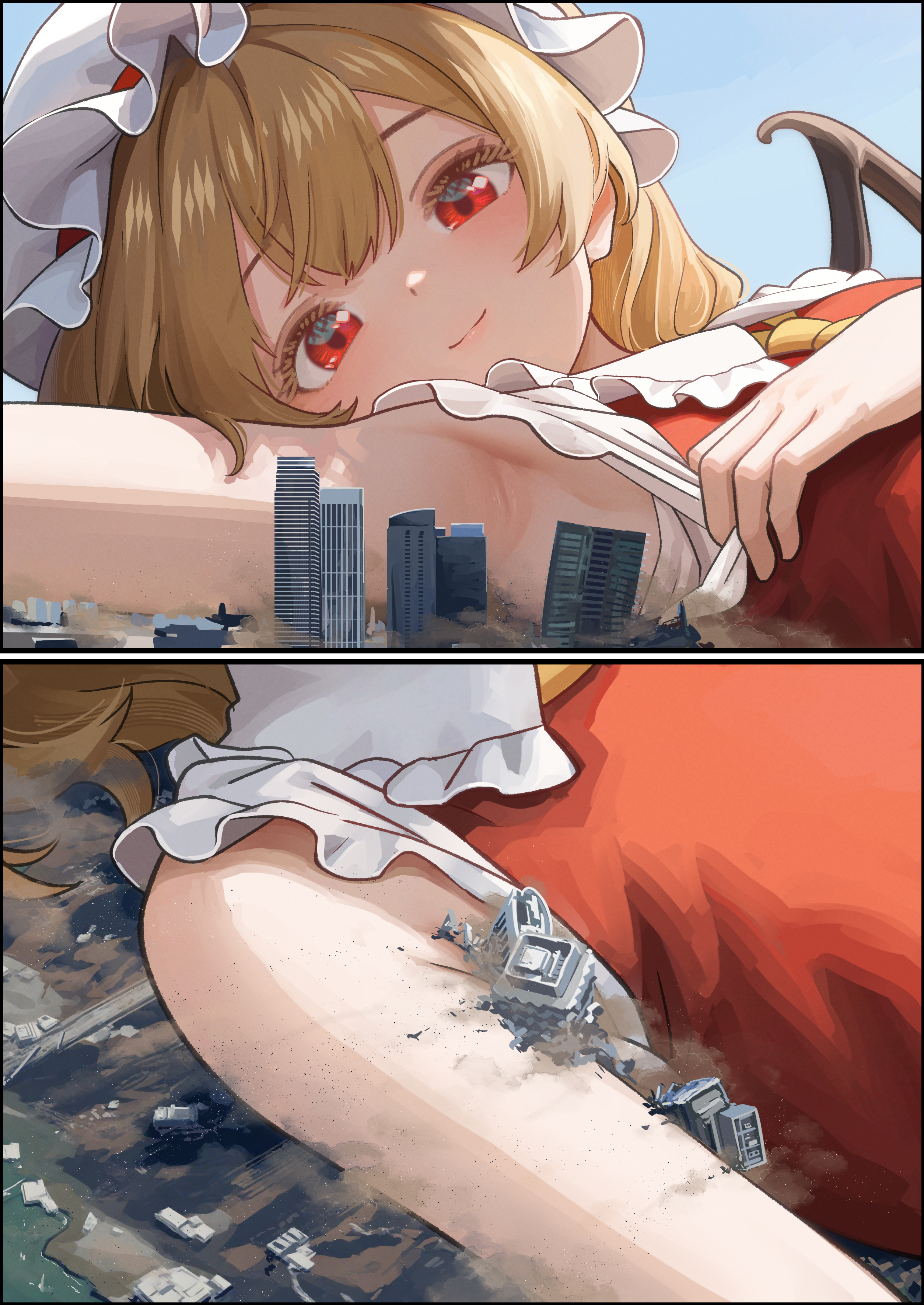 welt (kinsei koutenkyoku), flandre scarlet, touhou, absurdres, commentary request, commission, highres, 1girl, armpits, blonde hair, destruction, giant, giantess, hat, mob cap, red eyes, wings