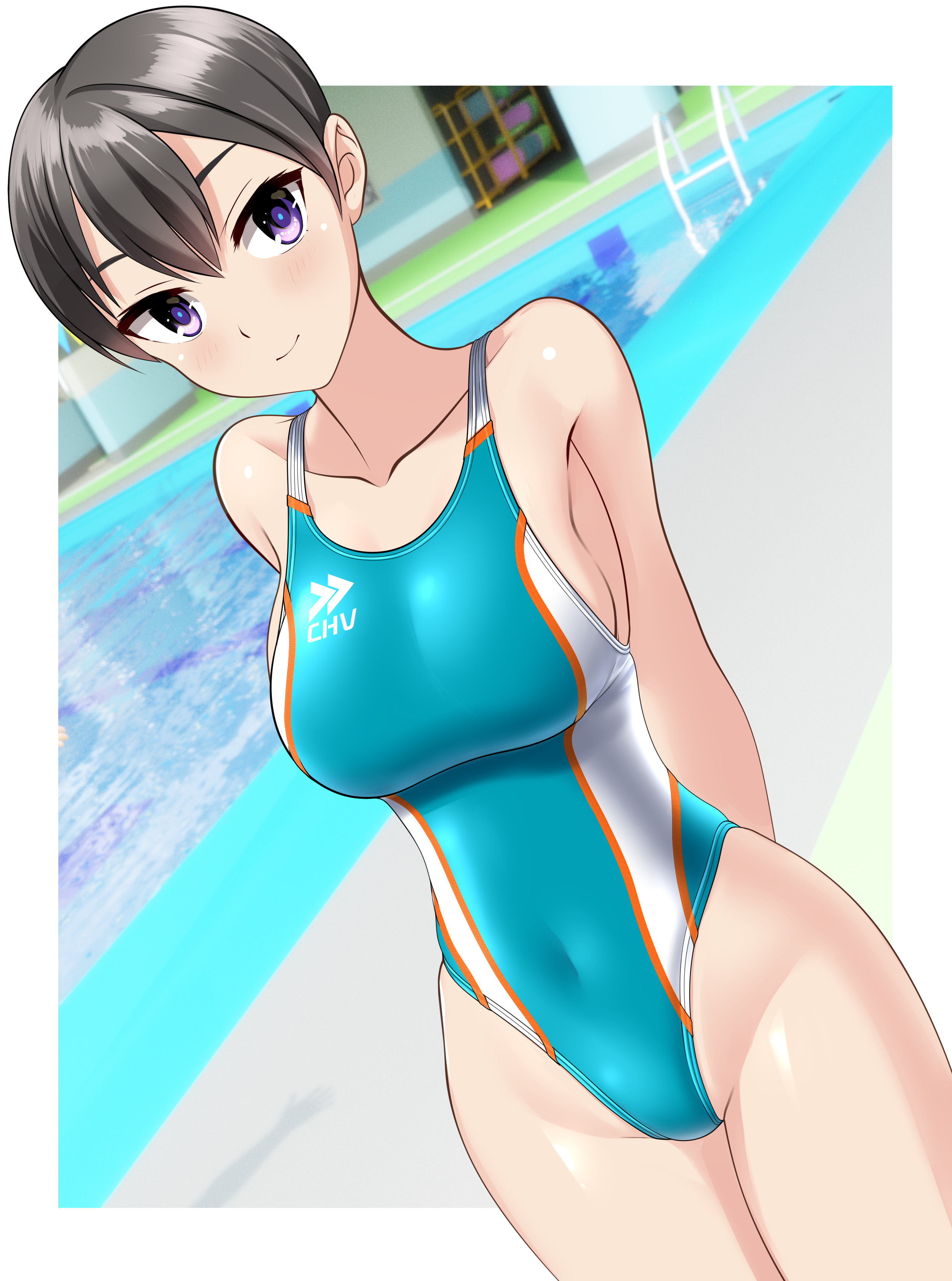 takafumi, original, absurdres, commentary request, highres, variant set, 1girl, aqua one-piece swimsuit, black eyes, black hair, breasts, competition swimsuit, covered navel, dutch angle, groin, highleg, highleg one-piece swimsuit, indoors, logo, looking at viewer, medium breasts, one-piece swimsuit, pool, pool ladder, short hair, solo, standing, swimsuit, tomboy, two-tone swimsuit