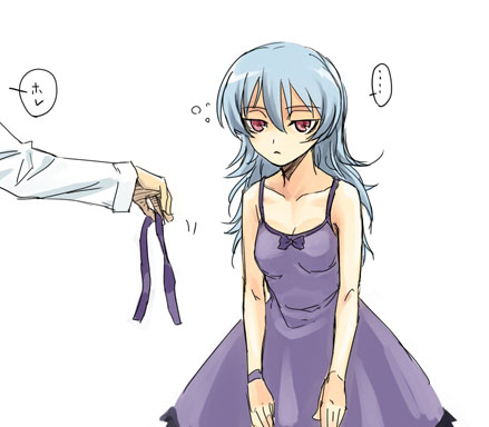 satou atsuki, yin (darker than black), darker than black, lowres, …, 00s, 1girl, bare shoulders, bow, dress, female focus, grey hair, long hair, messy hair, purple dress, purple ribbon, purple skirt, red eyes, ribbon, simple background, skirt, solo