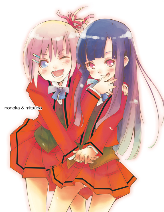 madam s, original, 2girls, :q, ;d, blue hair, blunt bangs, blush, dress, grey eyes, long sleeves, looking at viewer, multiple girls, one eye closed, open mouth, pink hair, red dress, red eyes, school uniform, serafuku, simple background, smile, tongue, tongue out, white background