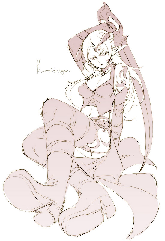 kyo (kuroichigo), original, 1girl, black sclera, colored sclera, demon girl, fantasy, female focus, horns, pointy ears, solo, tattoo, thighhighs