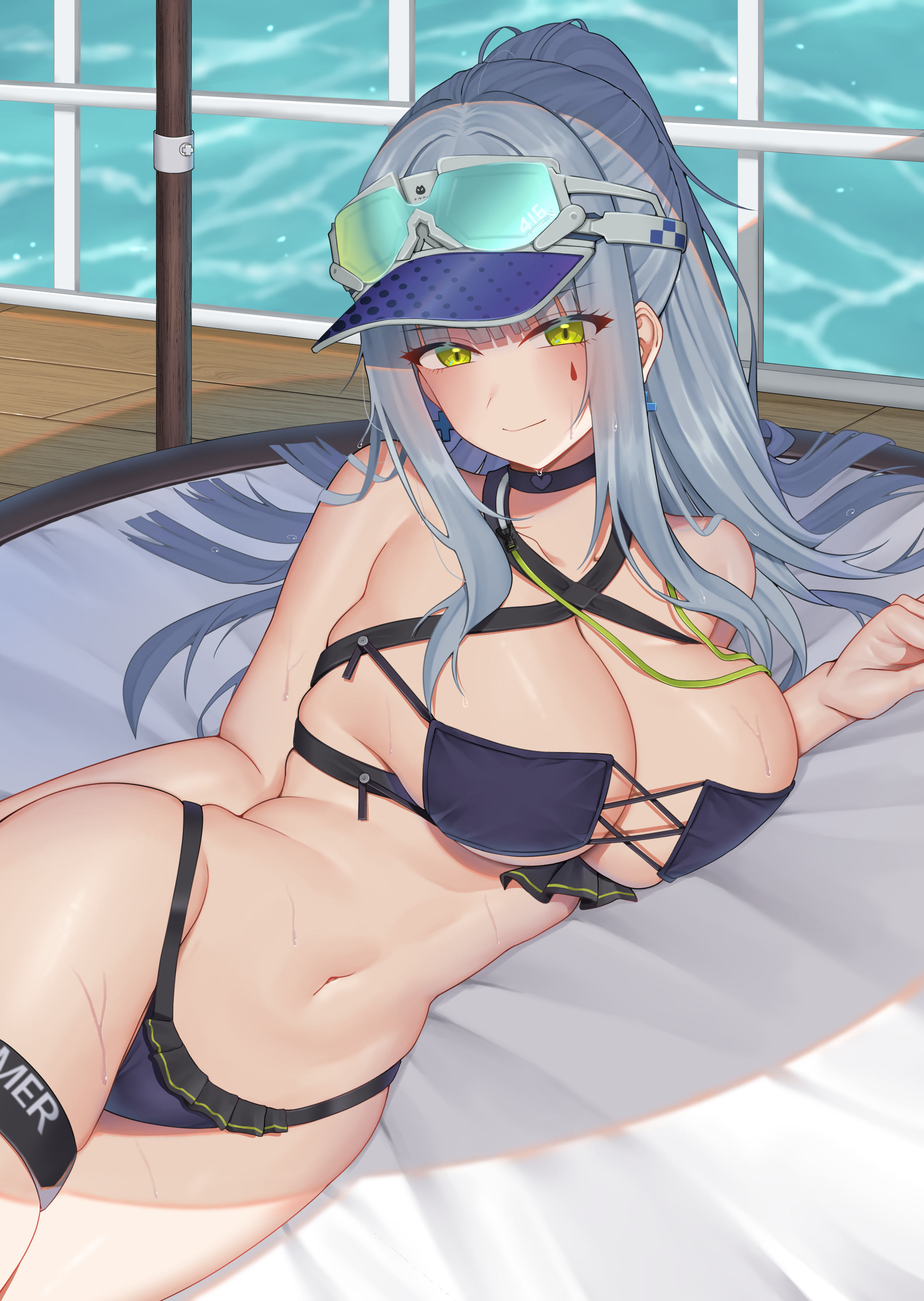 moriyama a, hk416 (girls' frontline), klukai (cerulean breaker) (girls' frontline 2), klukai (girls' frontline 2), girls' frontline, girls' frontline 2: exilium, absurdres, commentary request, highres, 1girl, arm behind back, bikini, blue bikini, blue hair, blush, breasts, cross-laced bikini, cross-laced clothes, facepaint, from below, green eyes, half-closed eyes, hip focus, large breasts, long hair, looking at viewer, looking up, lying, navel, on side, ponytail, smile, solo, stomach, sunglasses, swimsuit, teardrop, thighs, very long hair, visor cap, wet