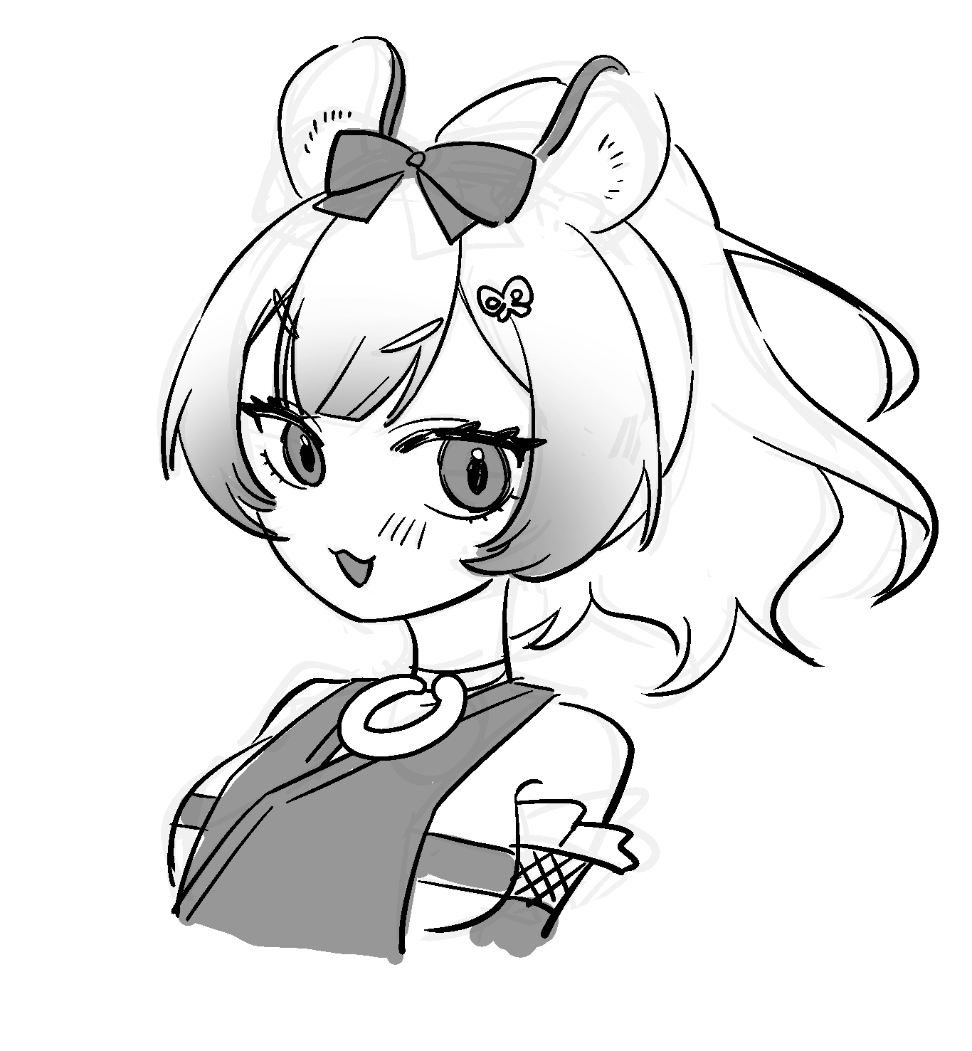 mitsubasizu, azur lane, highres, 1girl, animal ears, bow, breast strap, cropped torso, greyscale, hair bow, high ponytail, looking at viewer, medium hair, monochrome, ninja, parted lips, ponytail, raccoon ears, raccoon girl, simple background, sketch, solo, taekaze (azur lane), white background